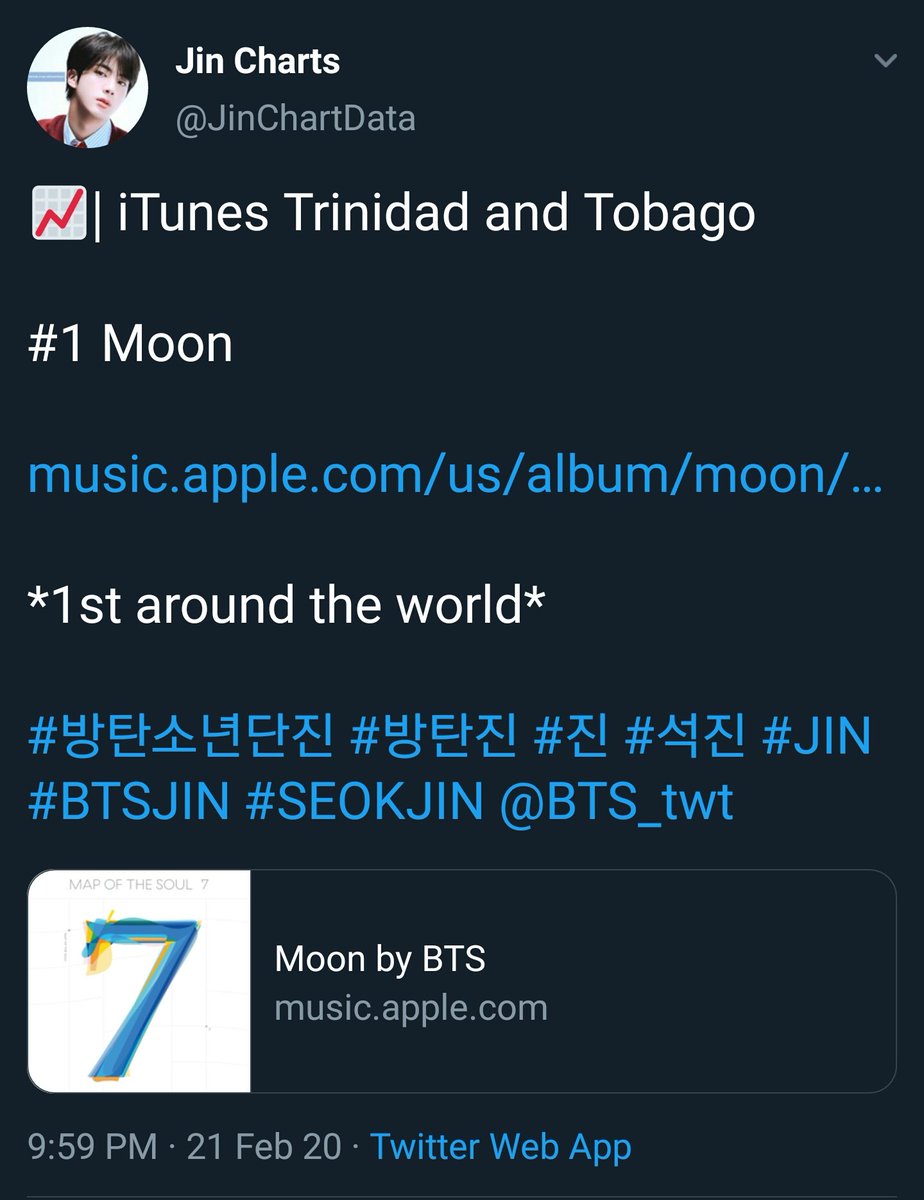 FEB. 21, 2020: Moon on iTunes was in the TOP 20 in US, TOP 30 in UK, TOP 5 of 7 countries, TOP 10 in 29 countries, and qas charting in 71 countries. It also charted #1 in Trinidad and Tobago, its FIRST #1.  #RecordBreakingMoon
