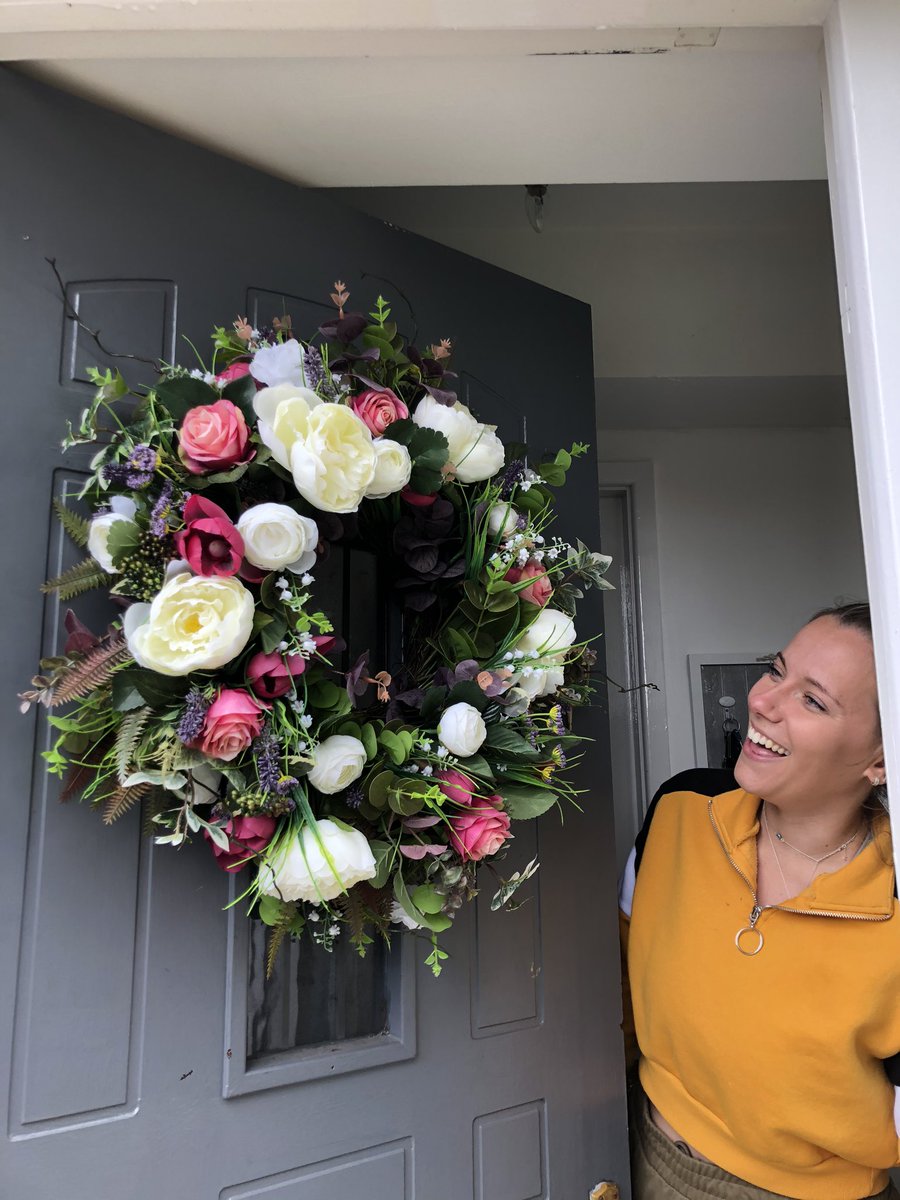 Lots of pretty peonies, lavender and roses in this wreath 🌸 #newhome #fauxfloralsofinstagram #wreathsforsale #walldecor #wreathlove #prettyfrontdoor #frontdoorgoals #myhomevibe #decorativewreaths #welcomewreath #welcomehomewreath #wreathdesign #doordecorating