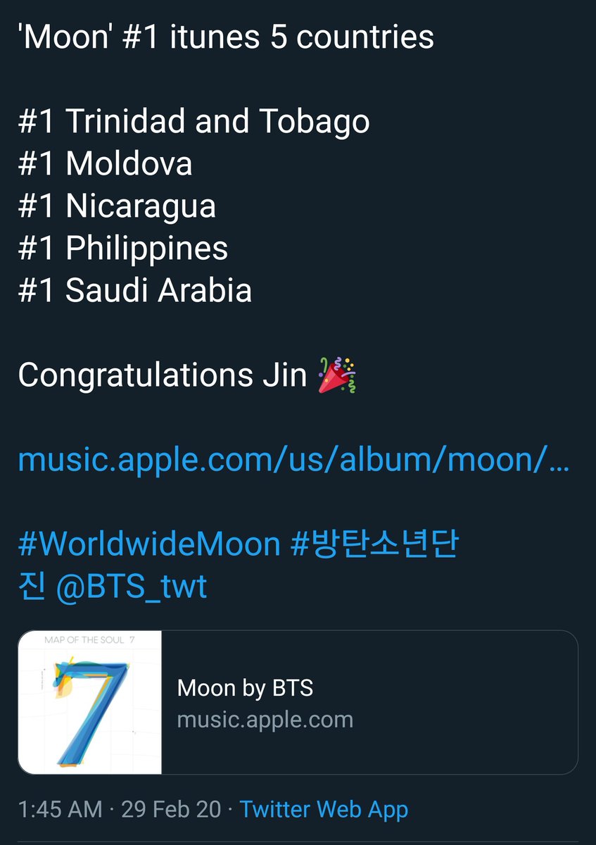 FEB. 29, 2020Moon charted #1 in Philippines and has charted #1 in 5 countries.