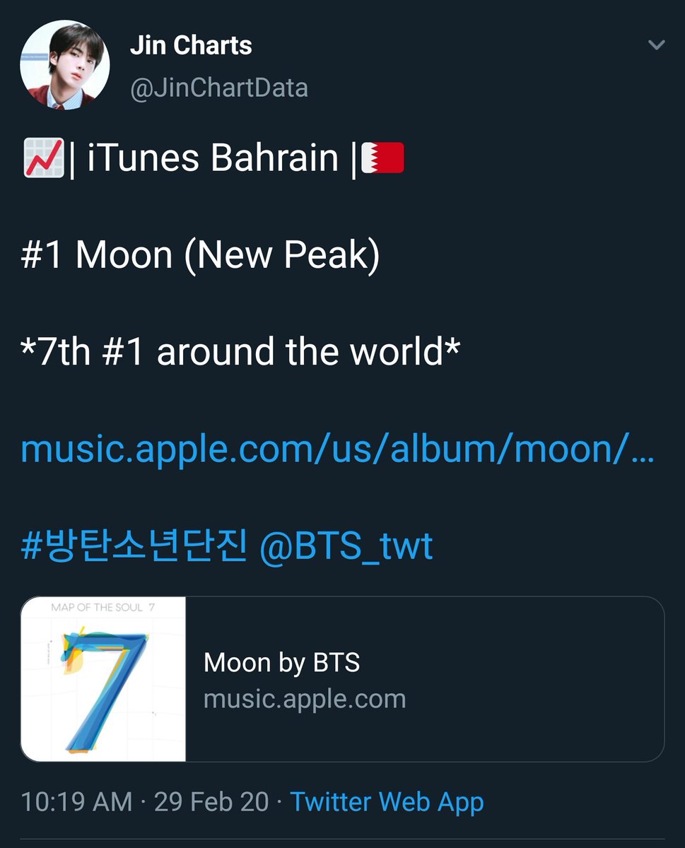 FEB 29, 2020Moon charted #1 in:- Sri Lanka- Bahrain- PeruMoon has a total of 8 #1 in iTunes this time so far. #RecorsBreakingMoon