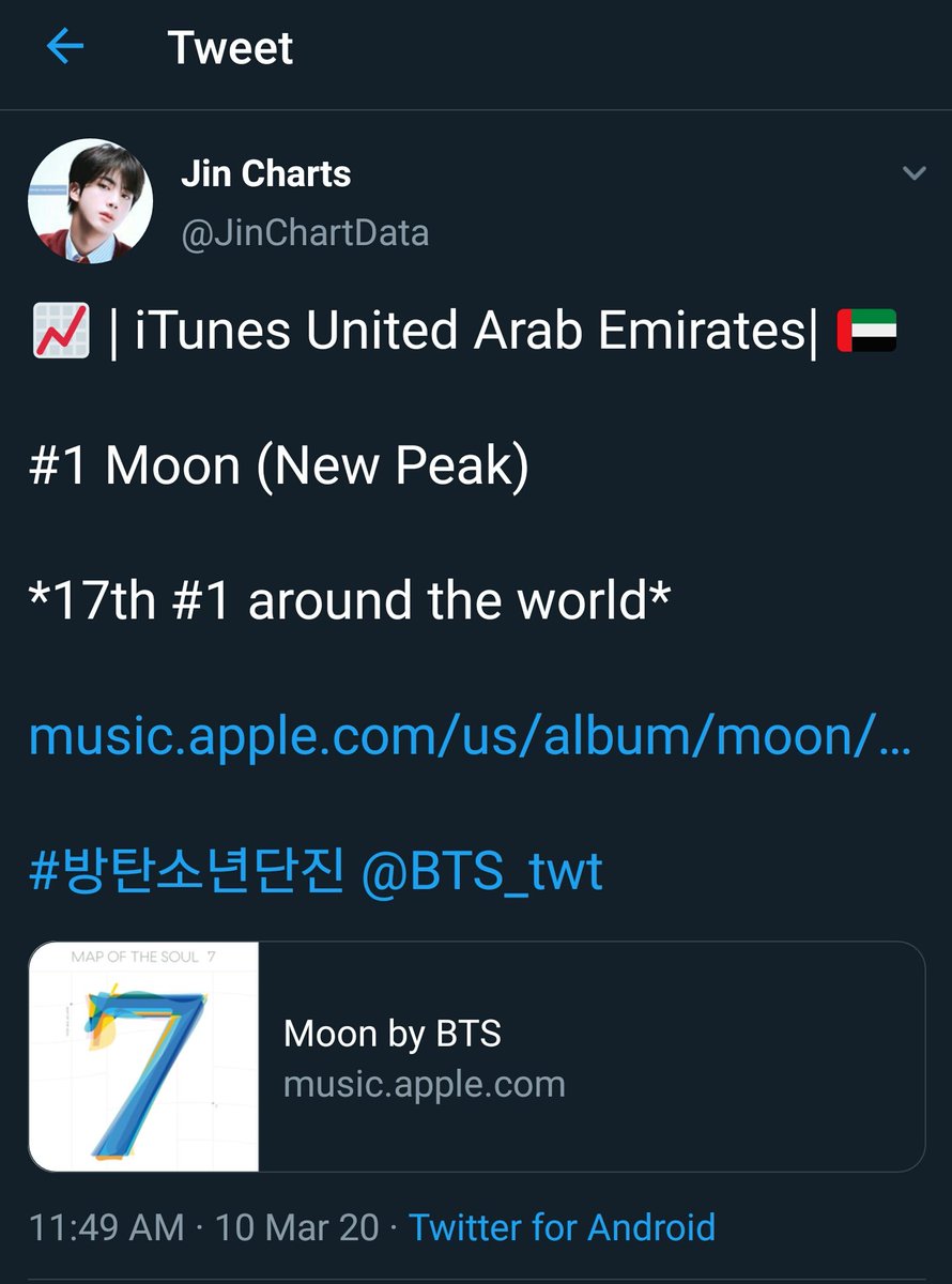 MAR 10, 2020Moon charted #1 in 2 countries:- Nigeria- UAEMAR 12, 2020Moon charted #1 in Turkey earning it's 18th #1.  #RecordBreakingMoon