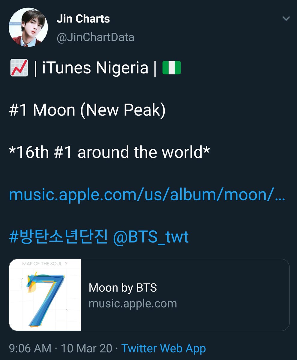 MAR 10, 2020Moon charted #1 in 2 countries:- Nigeria- UAEMAR 12, 2020Moon charted #1 in Turkey earning it's 18th #1.  #RecordBreakingMoon