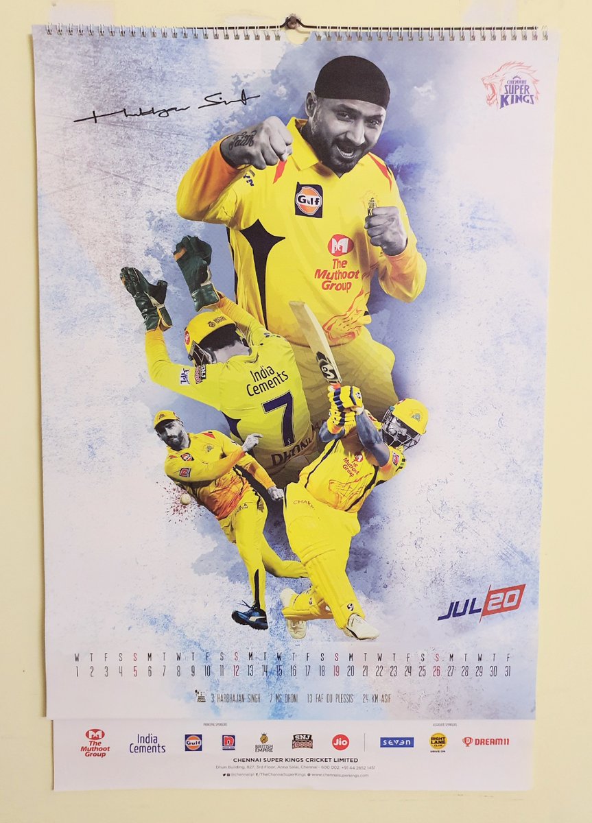 PraveenBalusu1's tweet photo. Super Month July Super Calendar of our @ChennaiIPL . Super Happy Birthday @harbhajan_singh on 3rd July, our Thala @msdhoni on 7th July, @faf1307 on 13th July & KM Asif on 24th July. Lots of #Yellove wishes @CSKFansOfficial @russcsk @ImRaina @imjadeja #CSKCalendar #CSKFanforever https://t.co/v8p8XIPZXT