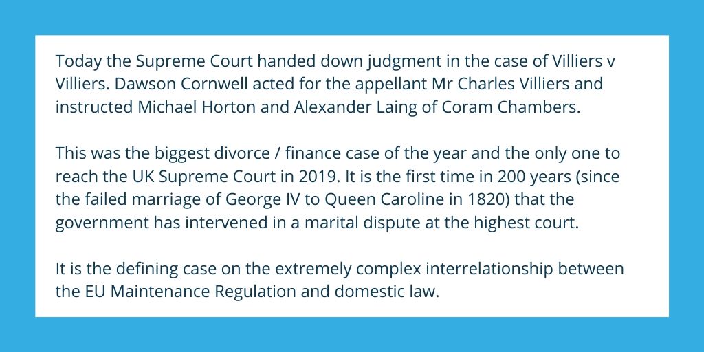 CoramFamilyLaw's tweet image. 1/3 Today, @UKSupremeCourt handed down judgment in the case of Villiers v Villiers. @Dawson_Cornwell acted for the appellant Mr Charles Villiers and instructed Coram's Michael Horton and Alexander Laing. Full judgment can be read here: supremecourt.uk/cases/uksc-201…