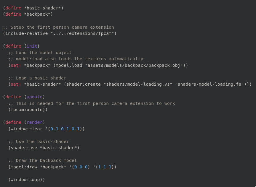 accidentalrebel's tweet photo. Here's an example code that loads a model in my #handmade #game_engine. Did my best to make the API readable and easy to understand. https://t.co/vR8TBhlyj1
