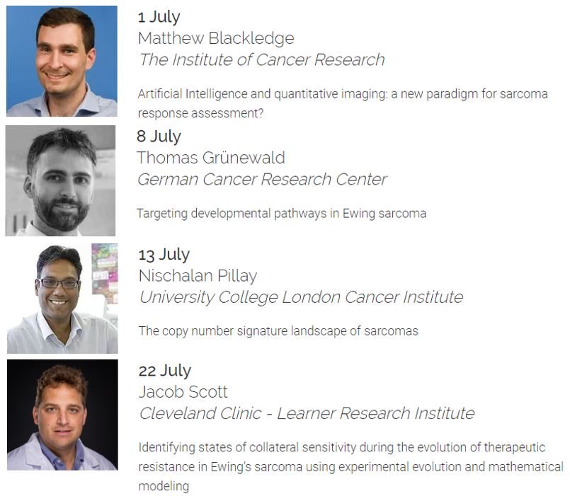 It is #SarcomaAwarenessMonth! Check out the great line-up of talks this month in our weekly #SarcomaWebinar series covering the topics of #ArtificialIntelligence, #Genomics, #TumourEvolution, and #TargetedTreatment in #Sarcoma

Joining details at: tiny.cc/0ziynz (1/2)