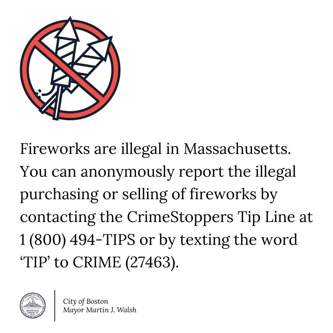 With the Fourth of July upon us, here's a friendly reminder that fireworks are not only dangerous, they're also illegal in Mass. Residents can't use, possess, or sell fireworks in Mass., or buy them legally elsewhere and then bring them into the state: https://t.co/TmM7rhY6pl https://t.co/nVranLApv0