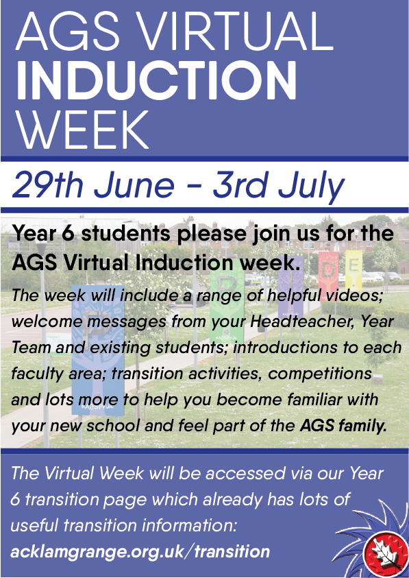AcklamGrange's tweet photo. Calling all Year 6 students 📢
Please join us for our AGS Virtual Induction Week where we will be posting a range of helpful videos from Mr Laidler, your year team and existing students, as well as activities and competitions! https://t.co/qyPUl3SeVs