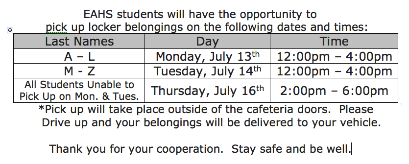 EAHS Student Locker Belongings Pick Up
