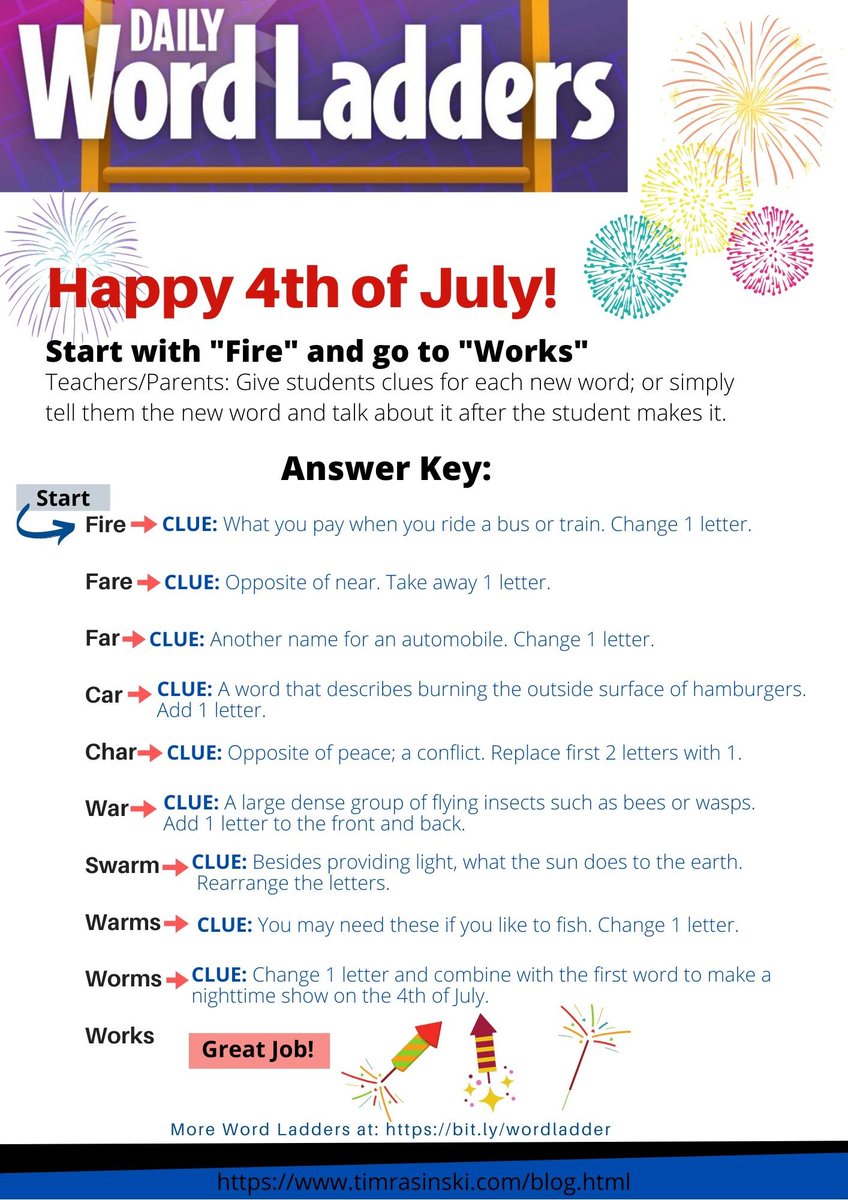 TimRasinski1's tweet photo. 1 of 3      It's Word Ladder Wednesday!

Here's my 5th Summer WL/Fluency lesson.   Happy 4th!  

Please "RETWEET" for other parents &amp; teachers to use.  Enjoy!

To Print: Click Save Image &amp; Print
@ILA @NCTE @ASCD @DyslexiaIDA @ScholasticTeach @EdWeekTeacher  @ScholasticEd @TCRWP https://t.co/sKptUmep5b