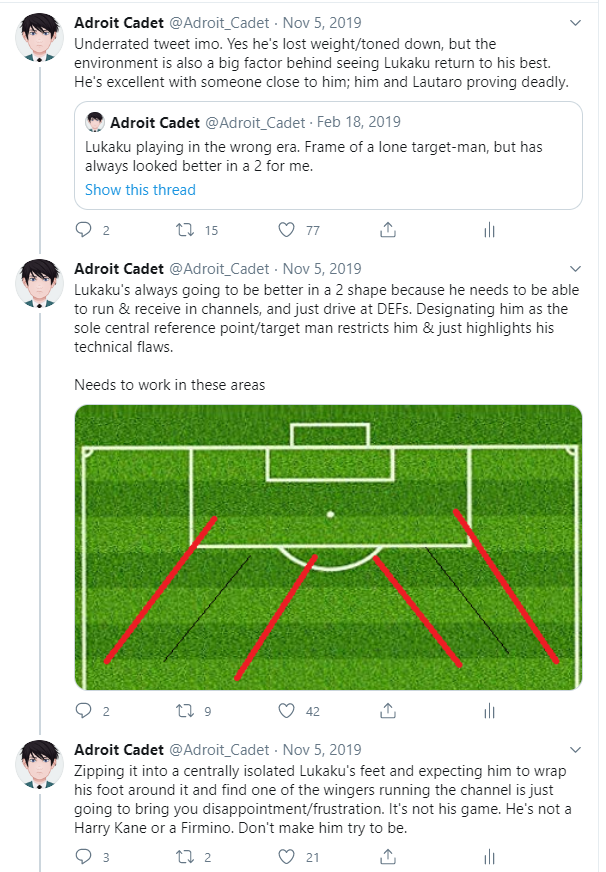 This isn't a bash Lukaku sesh btw, has been one of the best strikers in Europe this season in his preferred environment (by that I largely mean in a 2 shape & tasked to drive/attack channels). But United simply look better off without his profile leading the attack