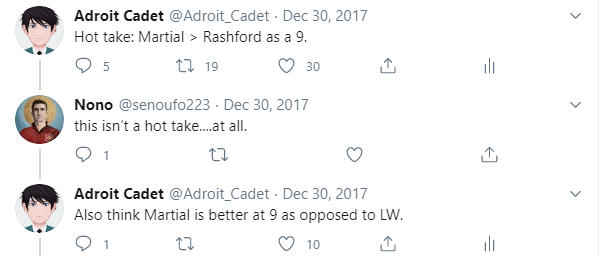 Martial's much better suited to the role, and the forwards & general smoothness of the attack are flourishing as a result with a more technical 9.Especially with Pogba back to consistently connect them all to it over 90 mins. It's so difficult to withstand.