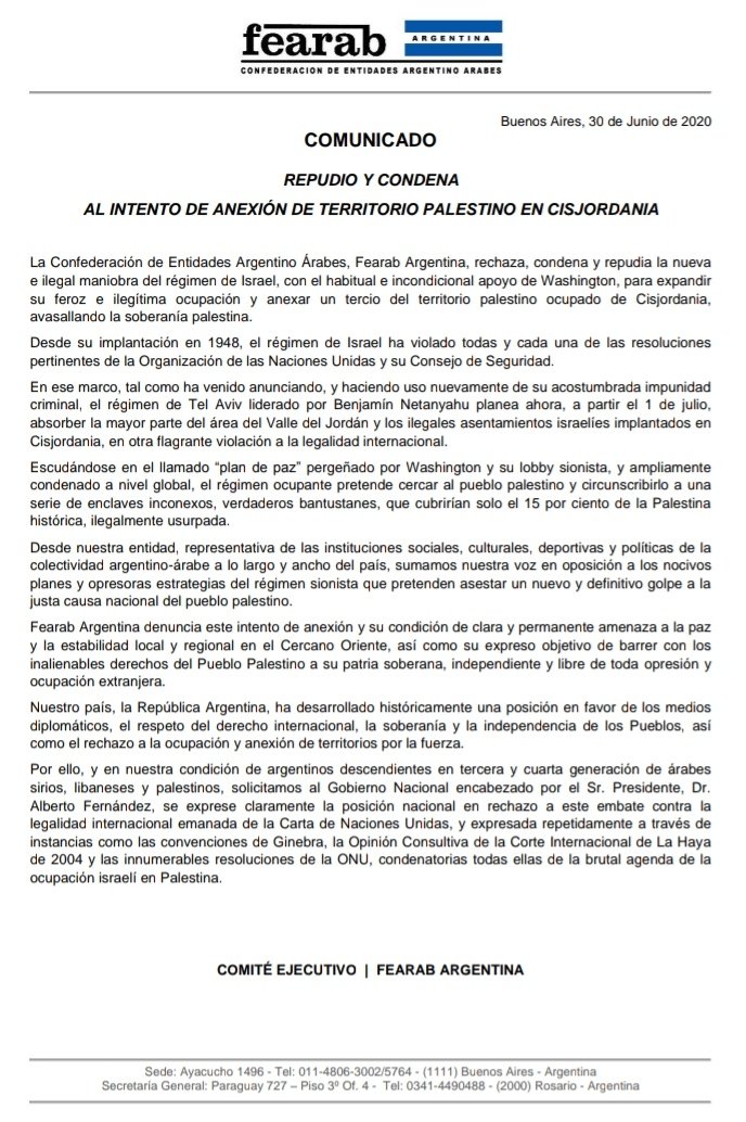 COMUNICADO DE FEARAB ARGENTINA

Repudio y condena al intento de anexión de territorio palestino en Cisjordania.
