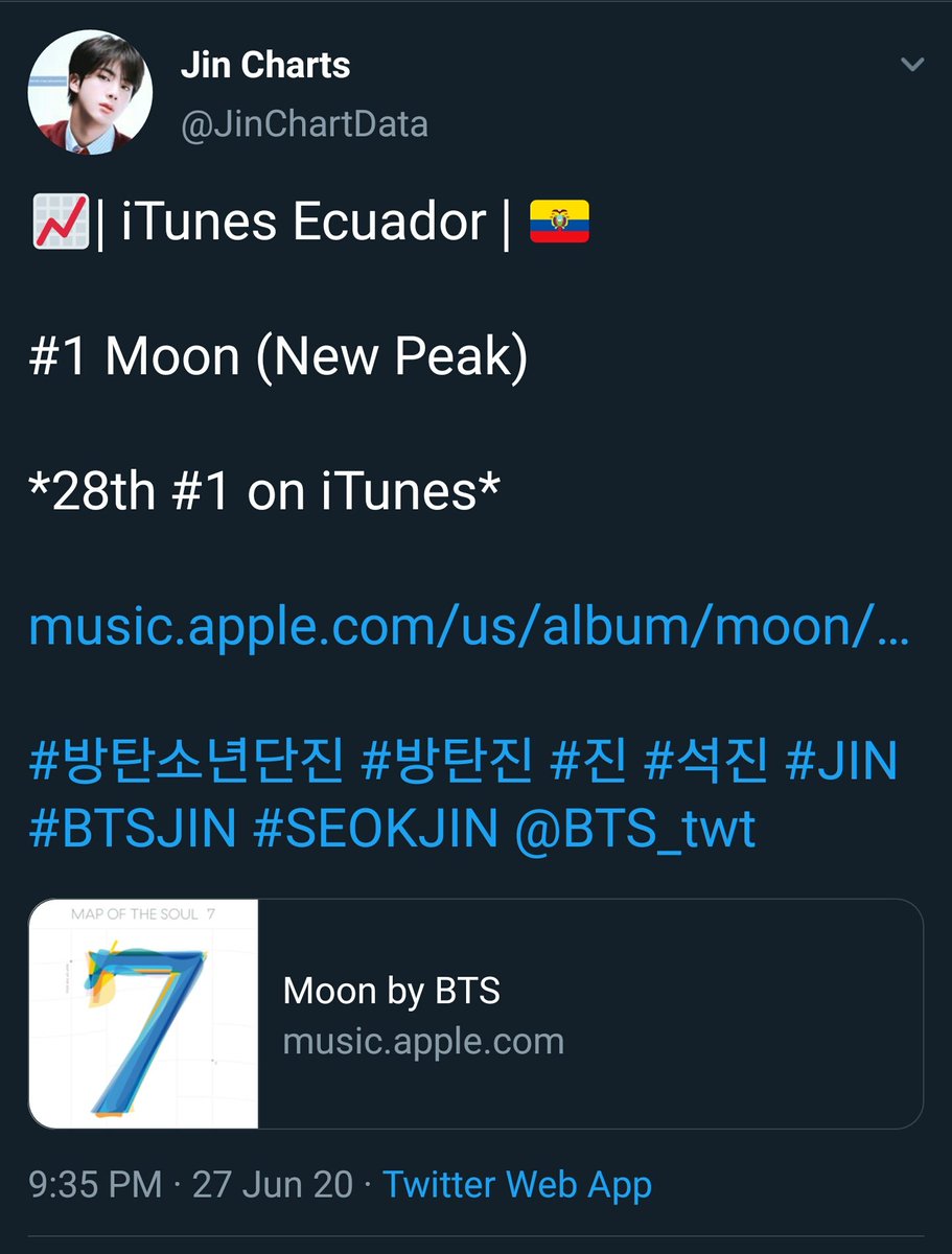 JUN 27, 2020Moon charted #1 in:- Spain (27th)- Ecuador (28th)JUN 28, 2020Moon charted #1 in:- Colombia (29th)- Jordan (30th) #RecordBreakingMoon