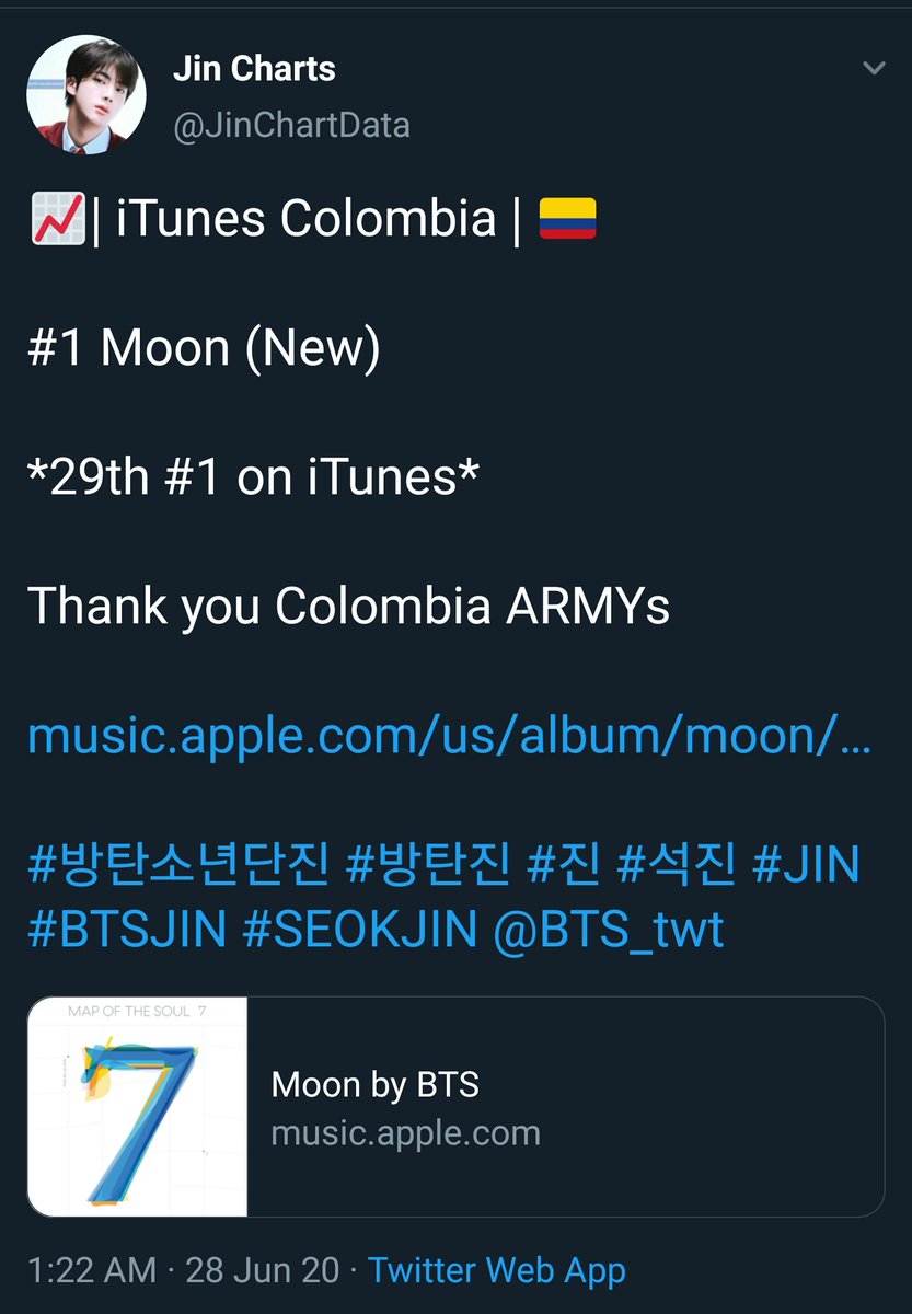 JUN 27, 2020Moon charted #1 in:- Spain (27th)- Ecuador (28th)JUN 28, 2020Moon charted #1 in:- Colombia (29th)- Jordan (30th) #RecordBreakingMoon