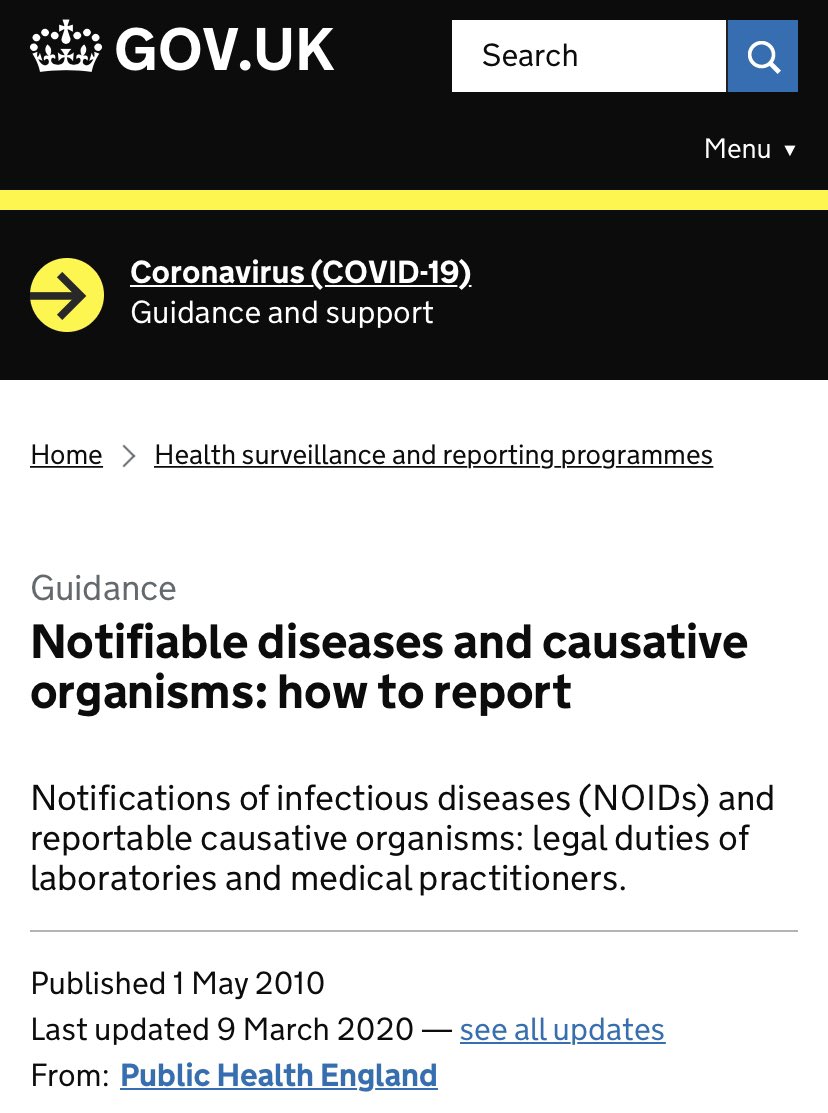 37/. Deliberate failure to provide accurate data is not only scandalous but appears to be illegal.Authorities are under legal obligation to immediately report “notifiable diseases”.The statutory duty is here: “Notification of infectious diseases”. https://www.gov.uk/guidance/notifiable-diseases-and-causative-organisms-how-to-report