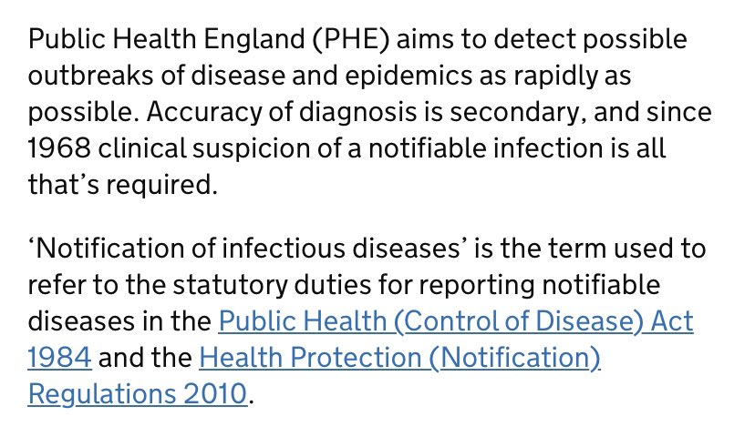 37/. Deliberate failure to provide accurate data is not only scandalous but appears to be illegal.Authorities are under legal obligation to immediately report “notifiable diseases”.The statutory duty is here: “Notification of infectious diseases”. https://www.gov.uk/guidance/notifiable-diseases-and-causative-organisms-how-to-report