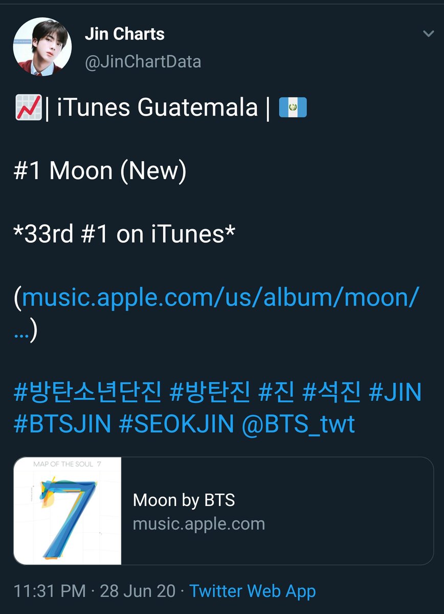 JUN 28, 2020Moon has charted #1 in:- El Salvador (31st)- Brazil (32nd)- Guatemala (33rd)JUN 29, 2020Moon charted #1 in Kazakhstan its 34th #1 #RecordBreakingMoon