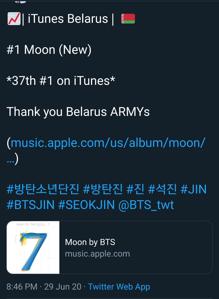 JUN 29, 2020Moon has charted #1 in:- Romania (35th)- Ukraine (36th)- Belarus (37th)- Mexico (38th)Moon has earned #1 in 5 countries this date alone.  #RecordBreakingMoon