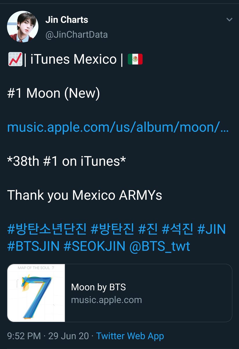 JUN 29, 2020Moon has charted #1 in:- Romania (35th)- Ukraine (36th)- Belarus (37th)- Mexico (38th)Moon has earned #1 in 5 countries this date alone.  #RecordBreakingMoon