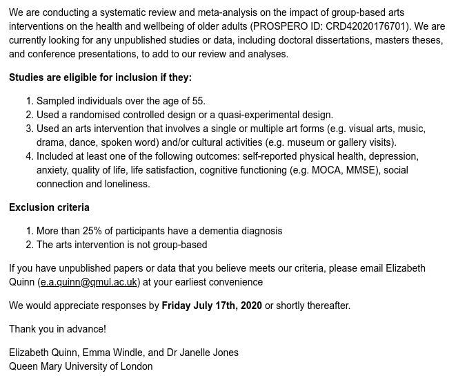 easpinfo's tweet image. Please help with data for a systematic review and meta-analysis on the impact of group-based arts interventions on the health and well-being of older adults, if you can #metaanalysis #callfordata