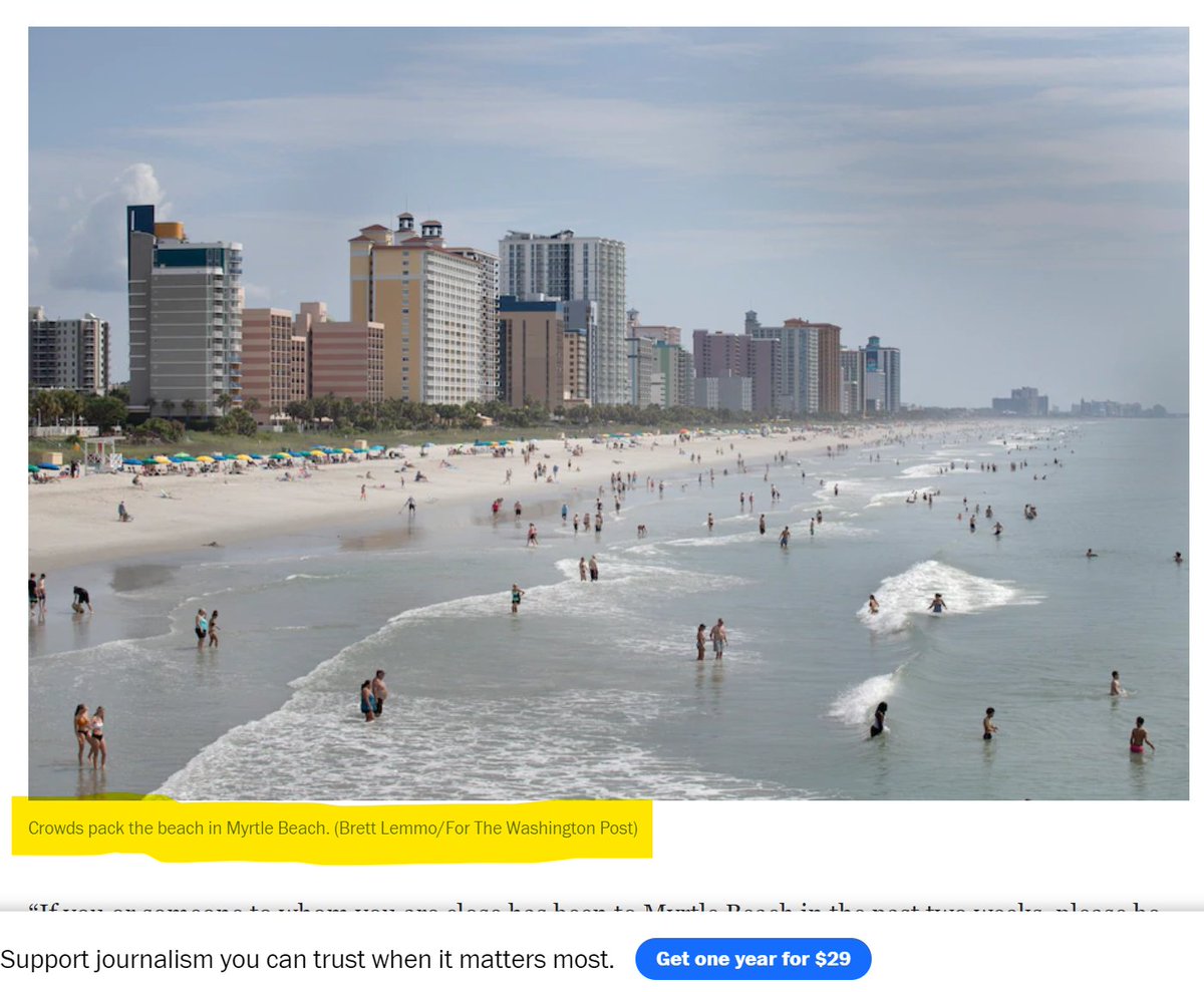 This photo is in an article in the Washington Post that has many reasonable and important points about unmasked crowding *indoors* in Myrtle beach. The caption? "Crowds pack the beach." Who you gonna believe, your lying eyes or the irresistible pull of misinforming moralizing?