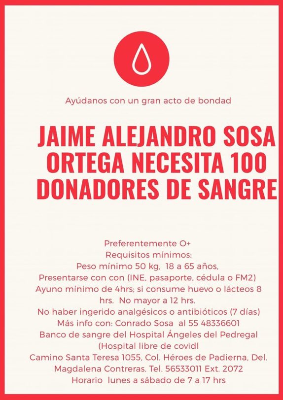TuSpoilerMx's tweet photo. 🙏🏼AYUDA🙏🏼 Les pedimos su apoyo para Alex Sosa, viejo colaborador del sitio, quien necesita 100 donadores de sangre.

Lugar: Banco de sangre del Hospital Ángeles Pedregal en CDMX
Hora: Lunes a sábado de 7 a 17 hrs https://t.co/C2ZygrwY8d