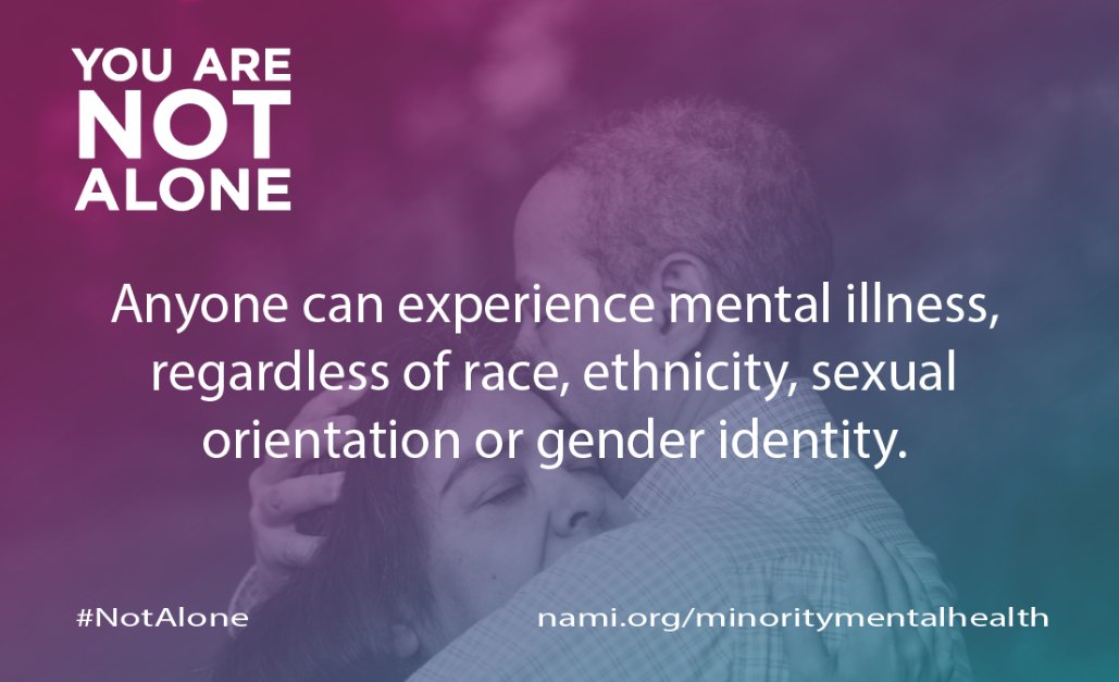 NAMICommunicate's tweet photo. Mental health conditions do not discriminate based on race, color, gender or identity. However, they  can affect how we perceive and experience mental health conditions and influence what treatments, coping mechanisms and supports work for us. #MinorityMentalHealthMonth https://t.co/0wdLcURf6l