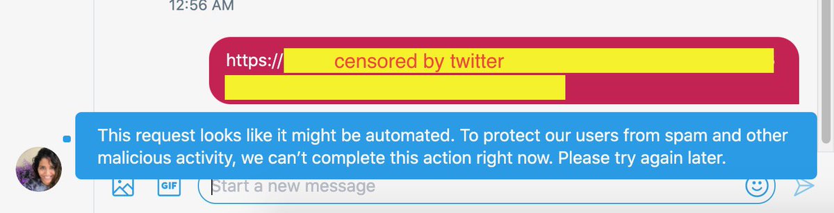 5. Trying to link to their website, even in DM, gets you this message.(Try sending with brackets around the periods like[.]this[.]google[.]com)