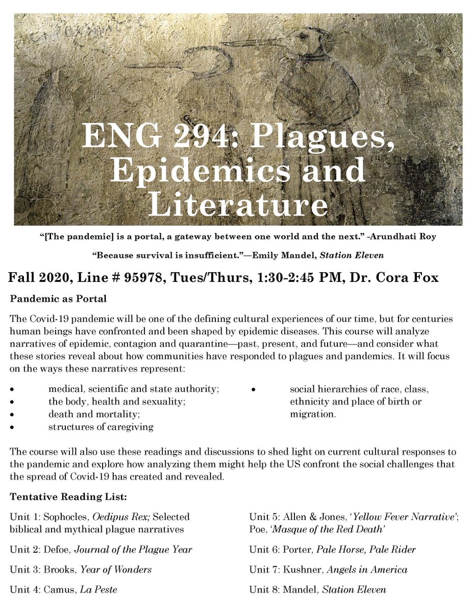 New <a href="/ASU/">Arizona State University</a> Fall 2020 course alert! 🚨 ENG 294: Plagues, Epidemics &amp; Literature (95978) w/ professor @coravfox. Tues/Thurs, 1:30-2:45pm. Readings from "Oedipus Rex" to "La Peste" to "Station Eleven." Info. on ASU Class Search: ow.ly/bRDP30qTpr1 #ASUHumanities #HealthHumanities