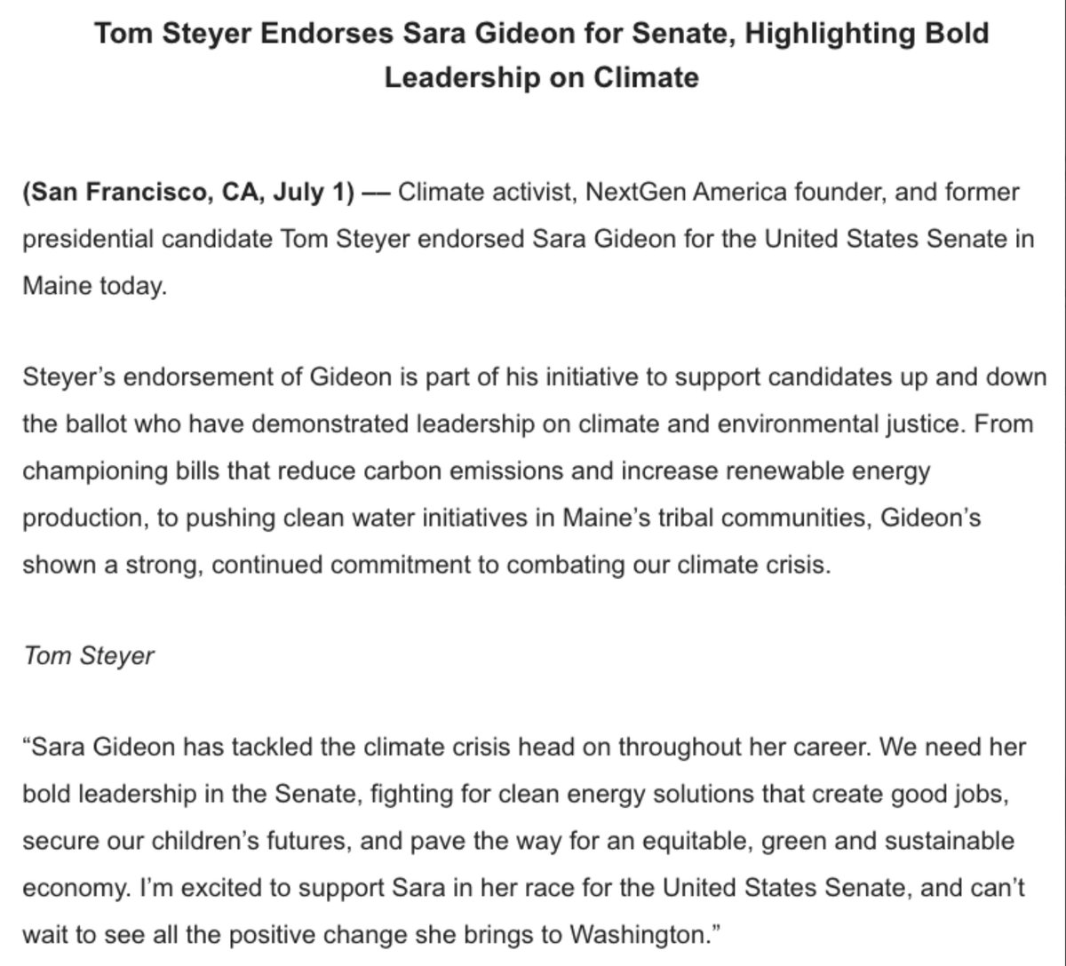 1/ About that endorsement... It just so happens that Gideon received the New York-based NRDC endorsement at the same time she received the endorsement of fossil fuel billionaire Tom Steyer. A few things... #mepolitics  https://twitter.com/SaraGideon/status/1278352840797442049