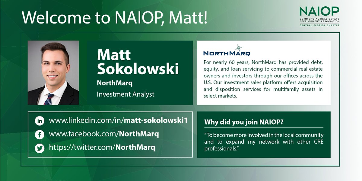 Welcome our new member, Matt Sokolowski, to NAIOP Central Florida!

#NAIOPCentralFlorida #CRE #CommercialRealEstate #NAIOP