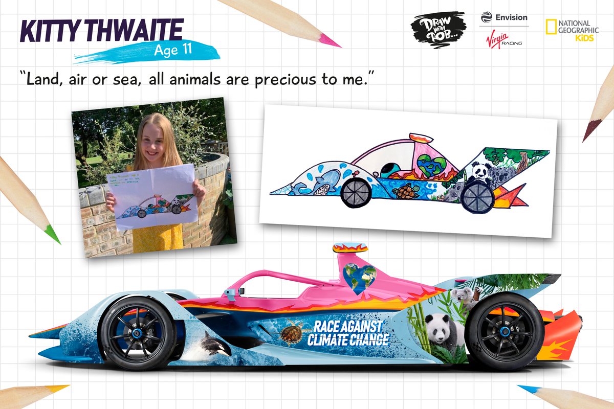 Envision_Racing's tweet photo. 'Land, air or sea, all animals are precious to me'... 💚 

Well done, Kitty!! You are the winner of our #DrawWithRob competition, as exclusively revealed on @BBCTheOneShow 📺

Here is her custom @FIAFormulaE livery which is inspired by her love of the planet. 🌍😍 https://t.co/kWRCPTzaVg