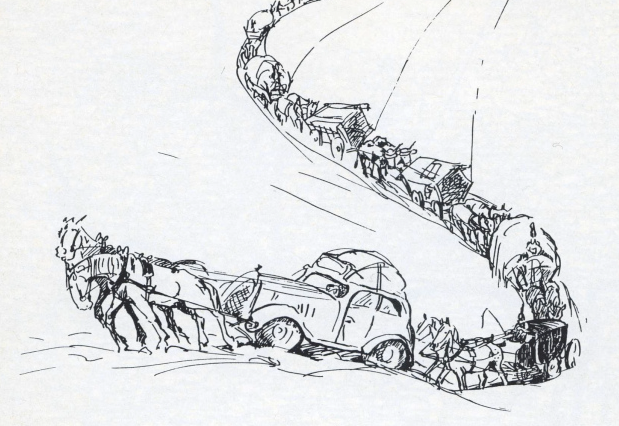 After WWII, Solonevich & family became refugees. Their journey to find a home landed them in Argentina while they waited for the paperwork to immigrate to the USA. They finally made it to America on a coffee freighter in 1953. (Below, a drawing by Inga of the refugee train)