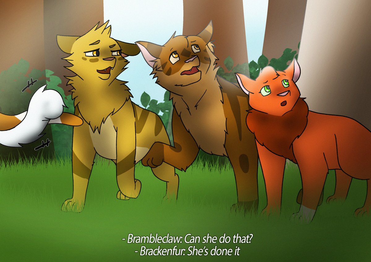 flutterhe_art's tweet photo. switching things up a little with queen boss Mousefur's #wcotw entry, drawing this iconic scene from Sunset like a screenshot from an animated series!

@theclandom #mousefur #brambleclaw #brackenfur #squirrelflight #warriorscats https://t.co/3cftt4a2Y2