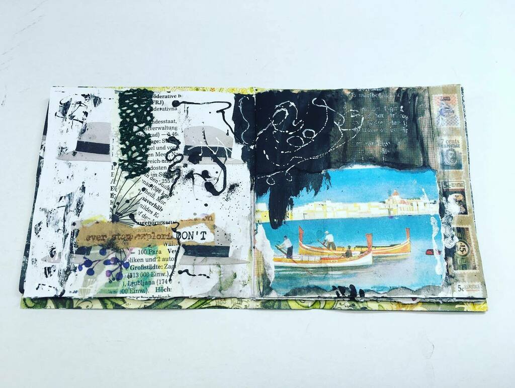 France_Linder's tweet image. Next therapeutic mini spread.  #lettingofsteam  #minispread #minijournal #yoga #artastherapy #artasyoga #black #bookpages #dont