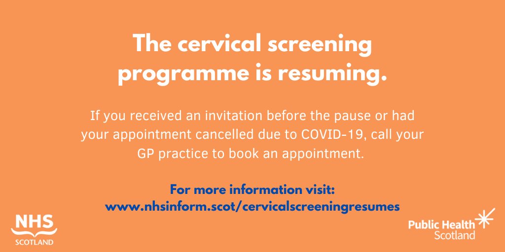 Resumption of Cervical Screening - If u received an invite before the pause or had an appointment cancelled due to COVID-19, Contact ur GP practice now to book ur cervical screening (smear test). For more info visit ▶️ www.nhsinform/cervicalscreeningresumes #NHSGGC #NHSInform