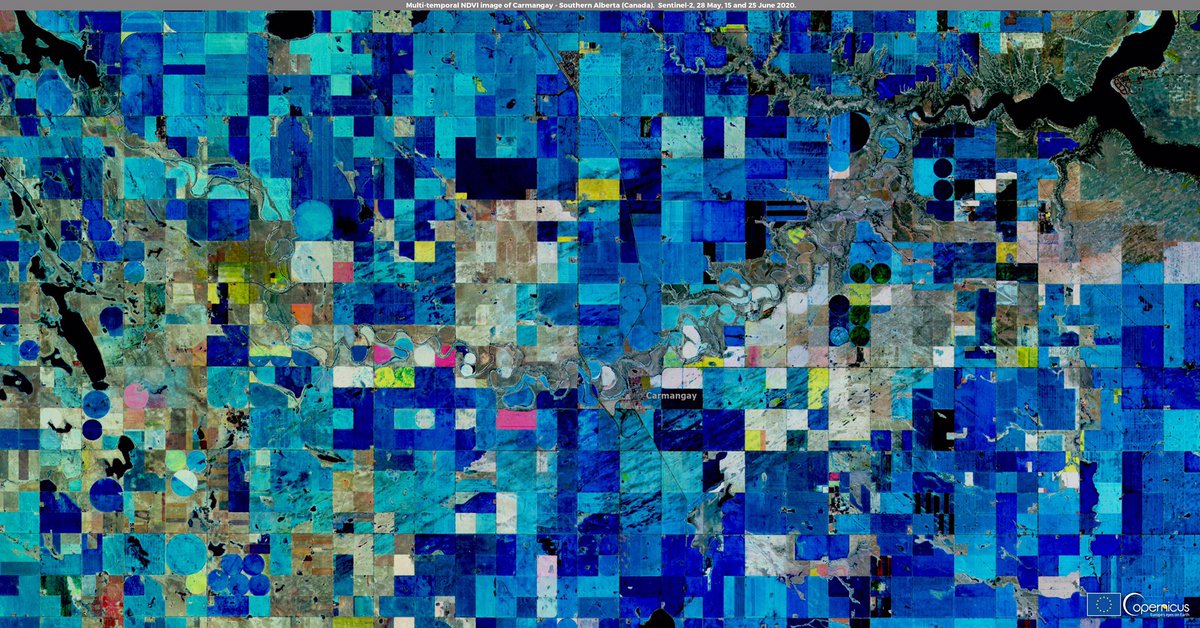 defis_eu's tweet image. Happy #CanadaDay to our friends and colleagues from 🇨🇦
#EUSpace is happy to count #Radarsat as a @CopernicusEU Contributing Mission and that there are so may use cases of our #OpenData in Canada!
⬇️ Area in Southern Alberta - Multi-Temporal NDVI obtained from #Sentinel2🇪🇺🛰️ data