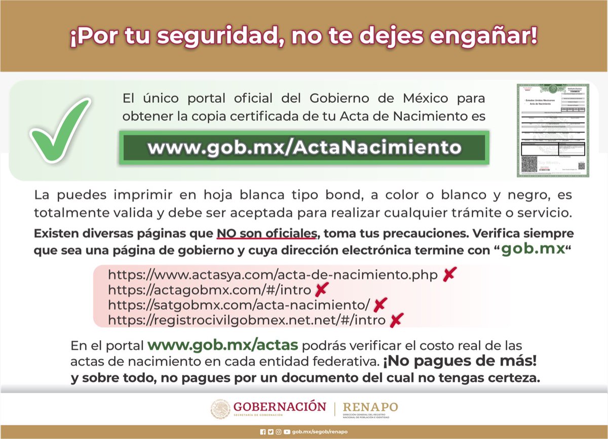 RegCivil_GobOax's tweet photo. Tengamos cuidado y cuando necesitemos una copia certificada de nuestra acta de nacimiento, solo acudamos a la dirección electrónica oficial para no caer en fraude. https://t.co/z88xehcFWh