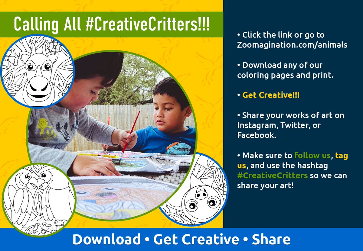 Zoomagination's tweet photo. Calling all #CreativeCritters! We’ve got something new and fun for you! Download our new coloring pages! Post to Instagram, Facebook, or Twitter. Make sure to follow, tag us, and use the hashtag #CreativeCritters so we can share your works of art!!!  
https://t.co/cXvQf37BGK https://t.co/HQGJ22WHqf