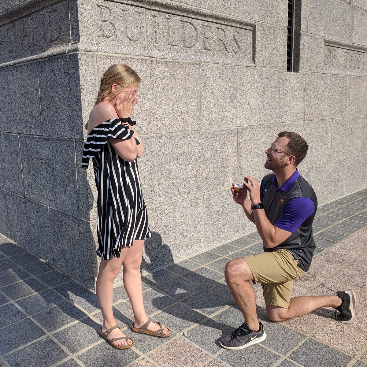 UNI_Alumni's tweet photo. Anna Rasmussen, '19, returned to campus to see her graduation brick in the UNI Memorial Garden. Turns out that was only the beginning of the surprises on campus. 😉💜 
Congrats Anna!
Want to get a brick for the UNI grad in your life? Visit https://t.co/9XWVXh8sdV https://t.co/kKj6pju467