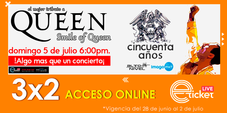 eticket's tweet photo. Disfruta desde la comodidad de tu casa por #eticketLive una experiencia única junto a @SmileOfQueen1 quienes presentarán los mejores éxitos de #Queen. 
#Aprovecha gracias a nuestra #QuincenadeDescuento un 3x2   al comprar tus accesos. https://t.co/27OysBmehp