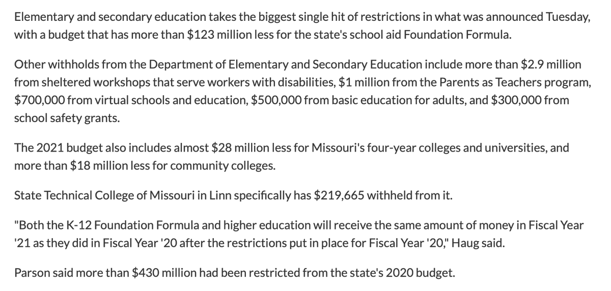 Once again, Missouri cuts funding for education.  #mogov  #moleg  https://www.newstribune.com/news/missouri/story/2020/jun/30/missouri-announces-448m-state-budget-restrictions/832686/