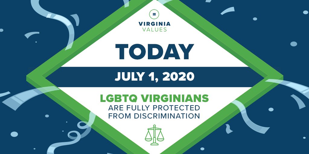 TransEquality's tweet image. HUGE NEWS: The #VAValuesAct is in effect!
 
#LGBTQ people are now protected from discrimination in Virginia! #VVADayOne 1/5
