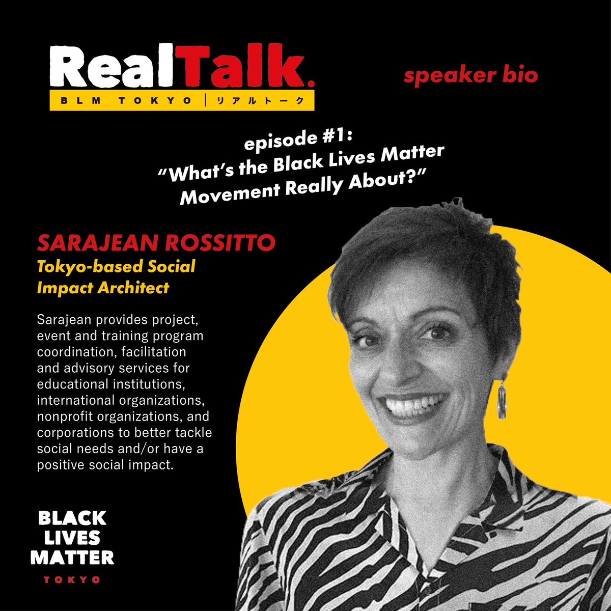 blmtokyojp's tweet photo. RealTalk. episode#1
Speaker no.4 - Sarajean Rossitto✨ Check out our FB event page for details on how you can join our webinar!
https://t.co/hEsEqqnTEX
#BlackLivesMatter #BLM #BLMTokyo #BLMJapan https://t.co/UHcAgGgyj5