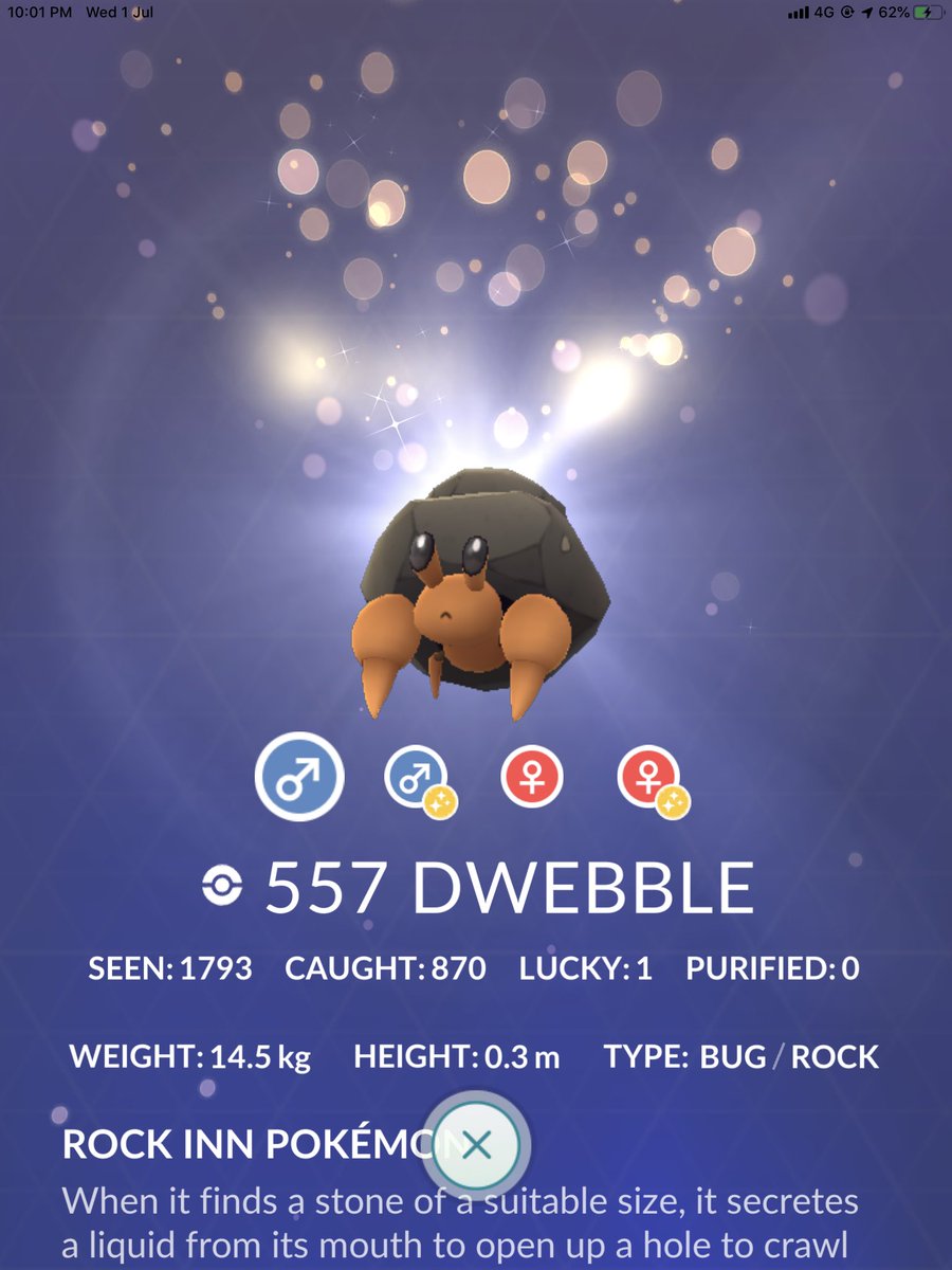 brandontan91's tweet image. MY GOPLUS WON BE YET AGAIN!! 😳 With more than 1400 checks done to get this Shiny Dwebble on the last day of the Bug Out Event 🤩

#PokemonGO #BugOut #Dwebble #Shiny
