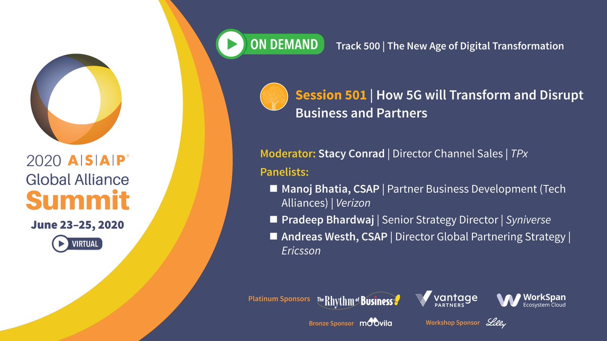ASAP_Global's tweet photo. #ASAPSummit content listen in as #StacyConrad of @TPxComm #PrabeepBhardwaj of @Syniverse, #ManojBhatia of @Verizon, and #AndreasWesth of @Ericsson discuss the impacts of 5G on business partnerships https://t.co/yZWthTNNPu https://t.co/mDJ2rUBTkZ