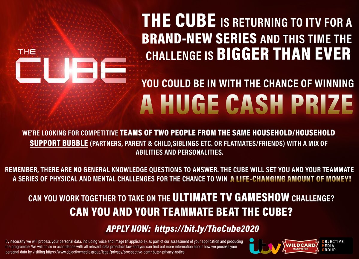 Wildcard_TV_'s tweet image. THE CUBE IS RETURNING TO ITV! WE’RE LOOKING FOR COMPETITIVE TEAMS OF TWO CURRENTLY LIVING TOGETHER IN THE SAME HOUSEHOLD OR IN A HOUSEHOLD SUPPORT BUBBLE. 

DO YOU AND YOUR TEAMMATE HAVE WHAT IT TAKES TO BEAT THE CUBE? APPLY NOW bit.ly/TheCube2020 

#tvnews #thecube #itv