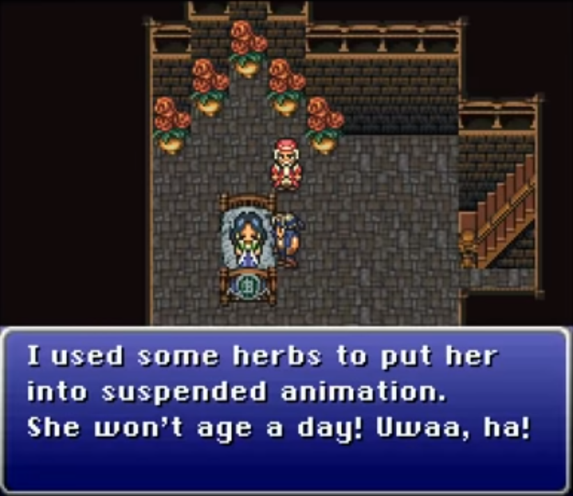 In FF6 Locke had a girlfriend who died, so like any normal non-creepy person he keeps her corpse in the local madman's basement until he finds a way to bring her back