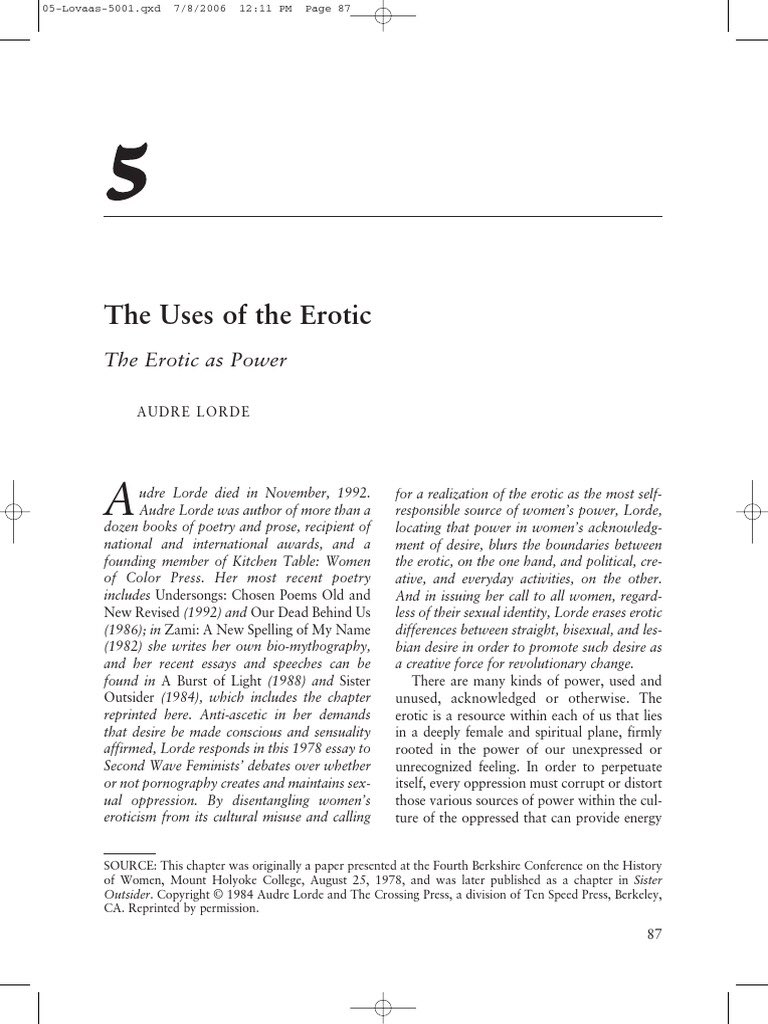 “Uses of the Erotic: The Erotic as Power” by Audre Lorde This concise essay discusses Black women, particularly Black queer women’s relationship with the erotic as a particular labor. Lorde critiques pornography and addresses consent.  http://www.peacewithpurpose.org/uploads/8/2/1/6/8216786/audre_lorde_cool-beans.pdf